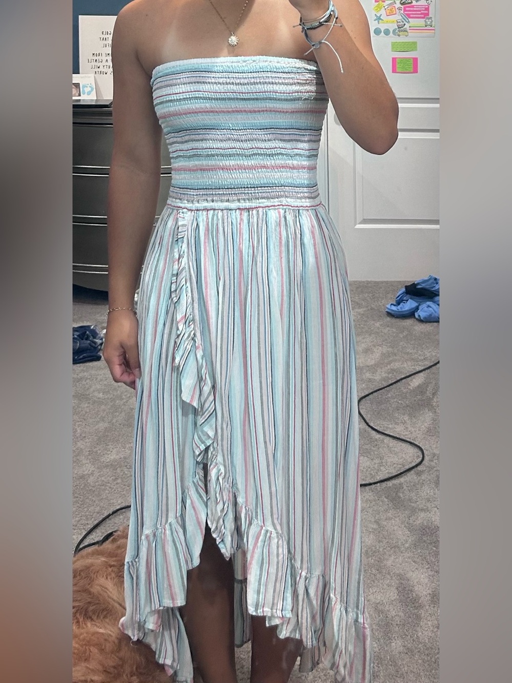 Striped Pastel Smocked Maxi Dress - Blue & Pink